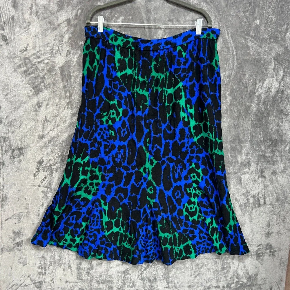 VTG 80s Glam Leopard Print 2 Piece Set Electric Blue Skirt Top Blouse Midi Funky